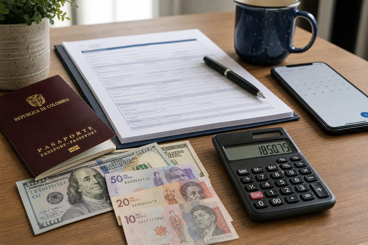Pasaporte, dólares, pesos y calculadora sobre un escritorio: costo de la visa americana en Colombia