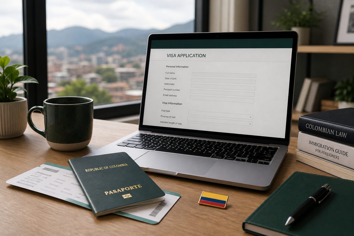 Pasaporte, laptop y documentos sobre un escritorio para tramitar visa a Colombia